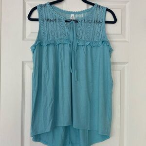 I Love soft teal, hi-low, lace top with tie tank top.